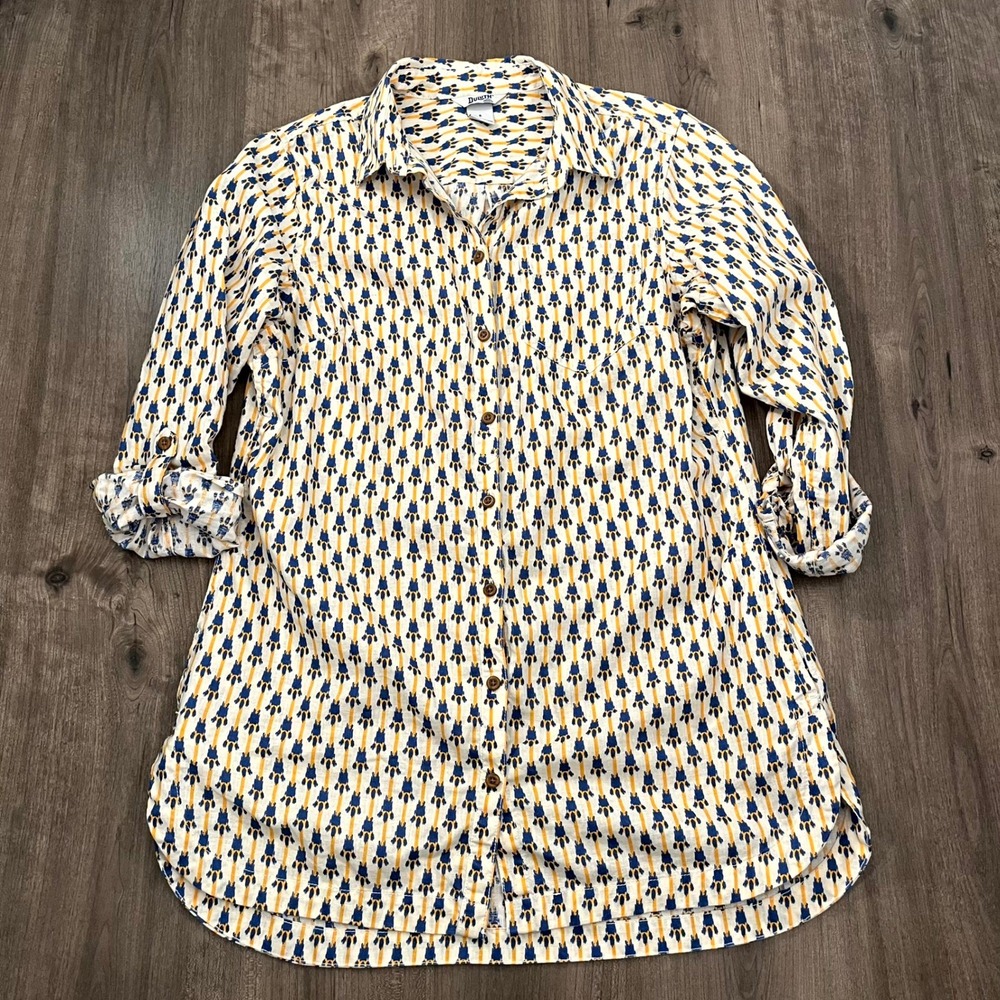 Duluth Trading Co Shirt Artisan Hemp Tunic Button Down White Blue Yellow Small